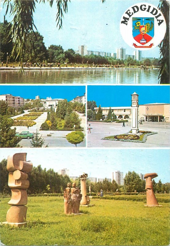 Postcard Romania Medgidia multi view parc monument statuie