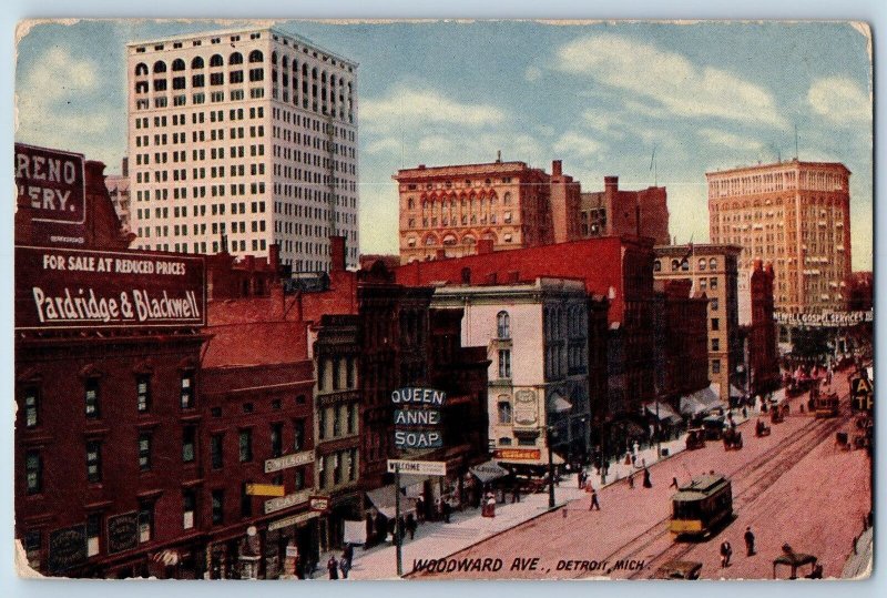 Detroit Michigan Postcard Woodward Avenue Business Section Scene 1910 Antique