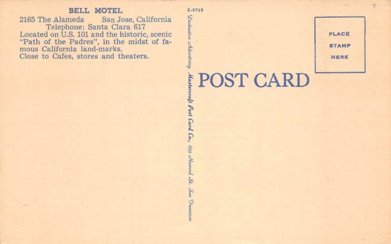 San Jose California Bell Motel El Camino Highway Landmarks Map Postcard AA65476