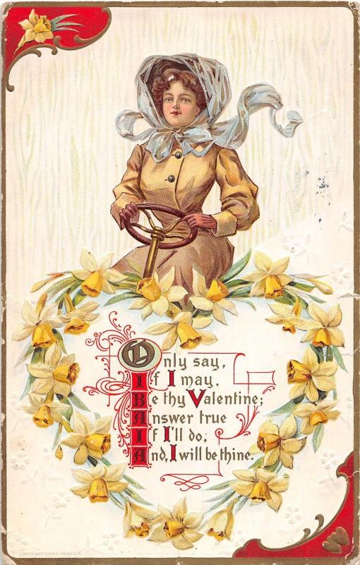 E36/ Valentine's Day Love Holiday Postcard 1910 Woman Driving FLowers 17