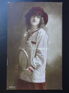 Young Girl Dressed for Tennis holding her Racquet c1905 - Old RP Postcard