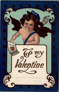 c1910 VALENTINE CUPID MAILMAN US MAIL TO MY VALENTINE EMBOSSED POSTCARD 26-260