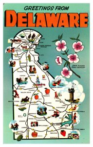 Postcard State Map - Delaware Greetings from - state flower Delaware stamp