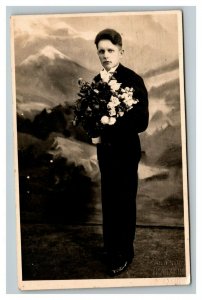 Vintage 1935 RPPC Postcard - Named Man Portrait Wedding Flowers