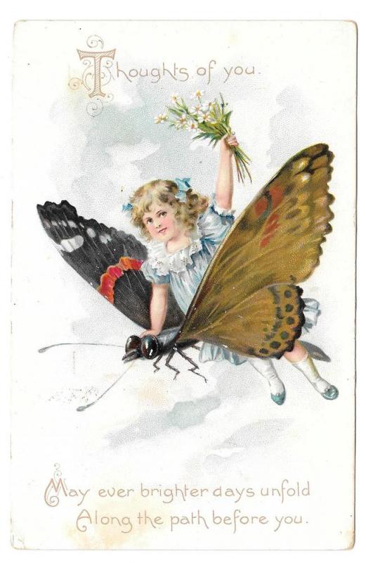 Fantasy Girl Riding Butterfly Tuck Birthday Series Postcard