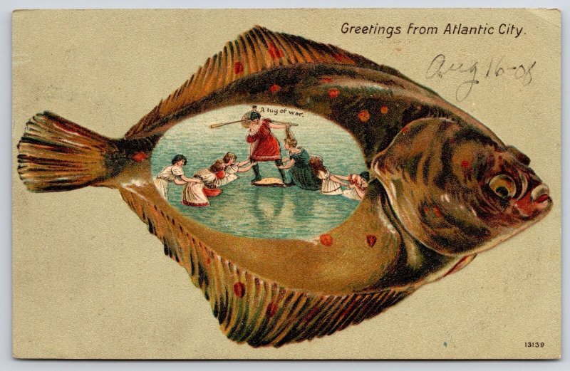 1908 Greetings From Atlantic City New Jersey NJ Hug Of Water Posted Postcard 