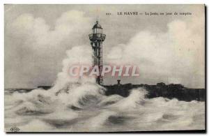 Old Postcard Lighthouse Le Havre The pier one day storm