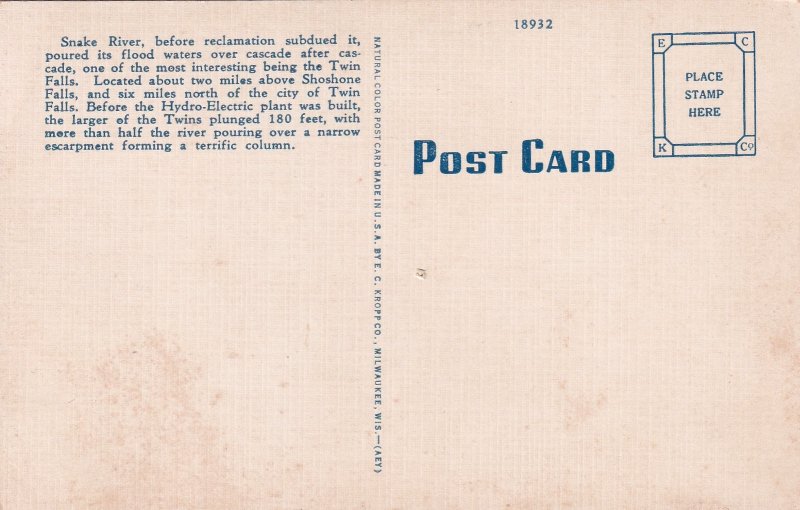 Twin Falls Idaho ID Snake River Postcard D13