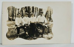 RPPC Handsome Group of Young Men Newsboy Caps & Cigars Wooded Scene Postcard P12