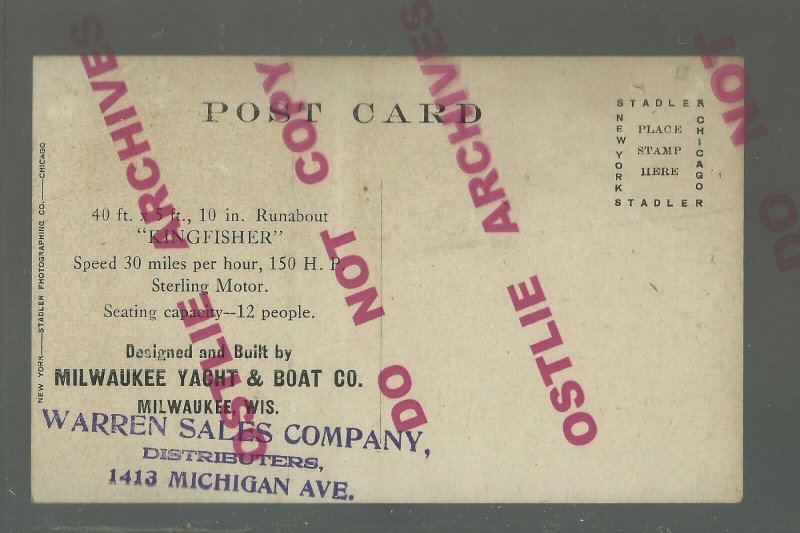 Milwaukee WISCONSIN RPPC c1915 ADVERTISING Motor SPEED BOAT Boating CHICAGO