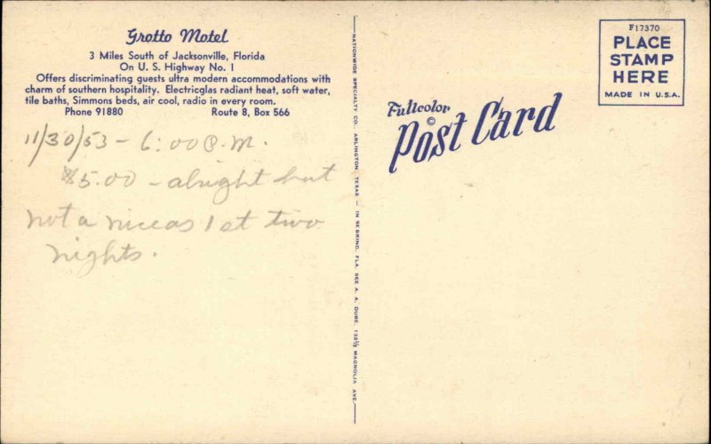 Jacksonville Florida FL Motel c1930s-40s Linen Postcard
