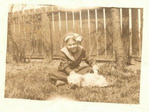Vintage 1910's RPPC Postcard - Snapshot Cute Girl with her Small White Dog