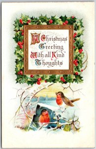 Christmas Greetings With All Kind Thoughts Green Leaves Landscape Postcard