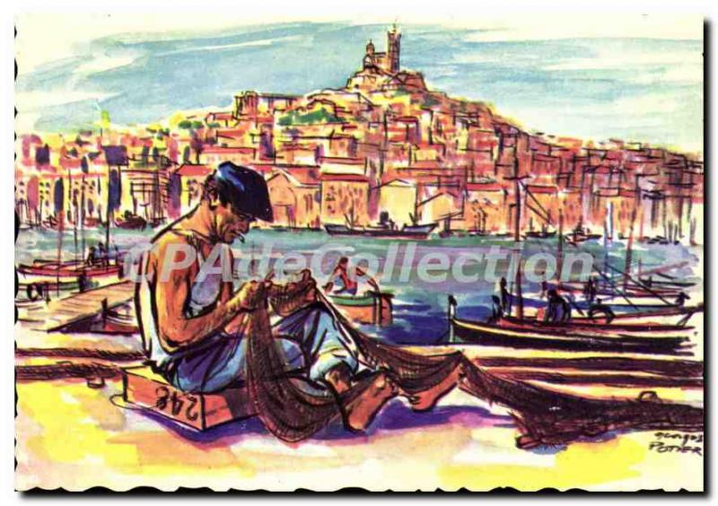 Modern Postcard Marseille Remeshing The Nets On The Old Port illustrator Geor...