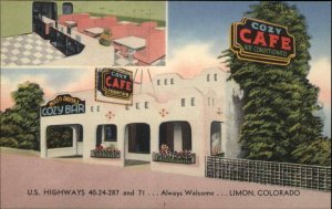 Limon CO Cozy Caf� Bar and Fountain Roadside Linen Vintage Postcard