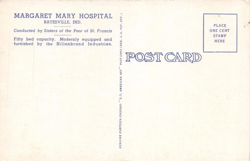 BATESVILLE INDIANA MARGARET MARY HOSPITAL~SISTERS OF THE POOR  POSTCARD 1940s