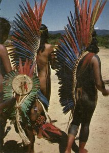 brazil, Native Kaiapó Indian with Macaw Feather Headdresses (1980s) Postcard