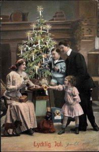 Family Mother Father Children Christmas Tree Lycklig Jul c1910 Postcard