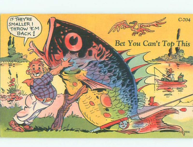 Linen Comic fishing exaggeration FISHERMAN CATCHES HUGE FISH AC0083