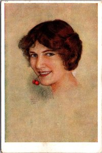 Lady With A Cherry Vintage Postcard 09.65 