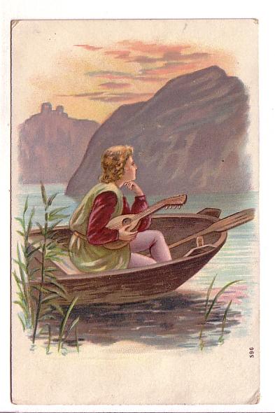 Embossed Young Man in a Dory, Lute, Made Germany 596