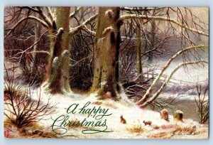 Artist Signed Postcard Christmas Trees Winter Rabbit Oilette Tuck Alhambra CA