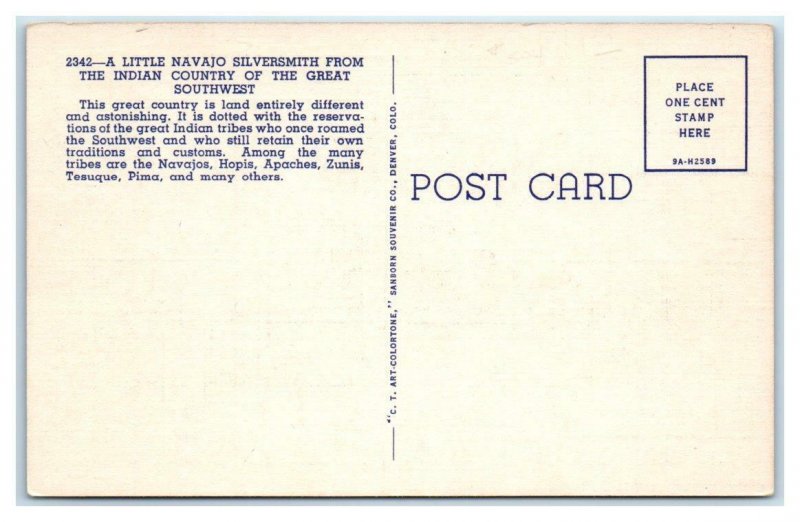SOUTHWEST US ~ Cute Little NAVAJO SILVERSMITH c1940s Native American  Postcard