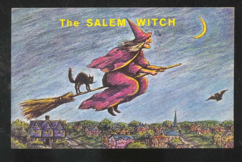 THE SALEM WITCH SALEM MASSACHUSETTS ON BROOM VINTAGE POSTCARD BLACK CAT