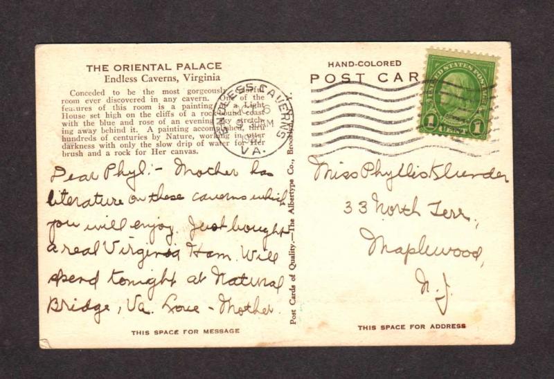 VA The Original Palace Endless Caverns Virginia Postcard Hand-Colored PC