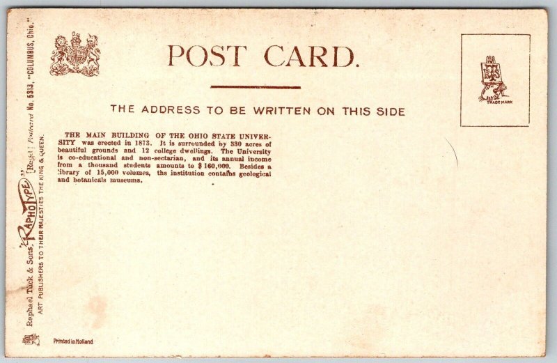 Columbus Ohio c1910 Tucks Postcard Main Building Ohio State University