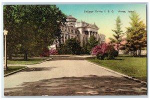 c1940's College Drive ISC Building Cars Ames Iowa IA Hancolored Postcard