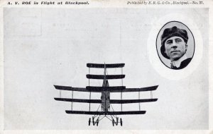 AV Roe In Flight At Blackpool Plane Pilot Antique Rare Postcard