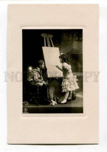 288551 Smoking Boy & Girl PAINTER Easel Vintage PHOTO postcard