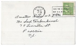 Nutley, New Jersey W20PT QSL Card, Mailed 1942, Scott 804 US Bonds Slogan Cancel