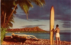 Postcard HI -Outrigger and Diamond Head - man holding surfboard