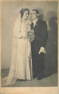 Postcard social history early family wedding groom bride
