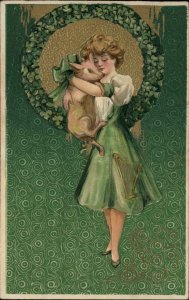 St. Patrick's Day Beautiful Woman Holding Pig Winsch Schmucker Postcard EXC COND