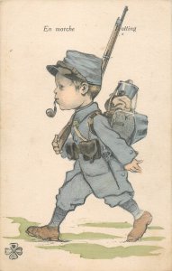 Military humor caricature postcard - Trotting, France 1919