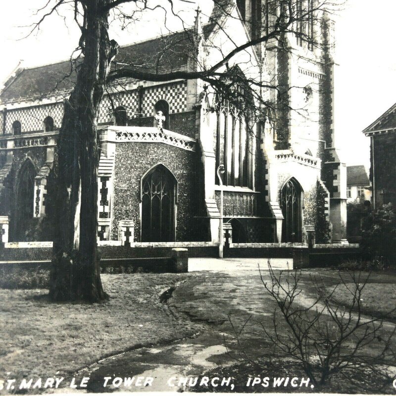 RPPC - ST MARY LE TOWER CHURCH - IPSWICH ENGLAND - B/W 1956 POSTED 