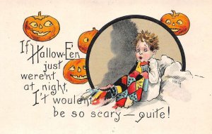 Hallowe'en  Scared Little  Boy & Jack-O-Lanterns,HBG Artist Signed PC U13057