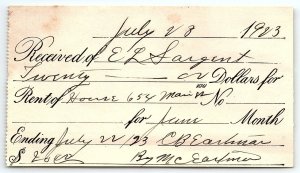 1923 E L SARGENT WESTBROOK MAINE RENT RECIPT BILLHEAD INVOICE Z1085