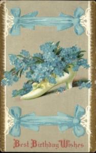 Birthday Woman Shoe Embossed Flowers c1910 Postcard
