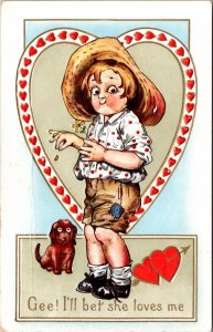 Valentine's Day PC Boy Picking Pedals Off Daisy Flower Dog Hearts Arrow Love