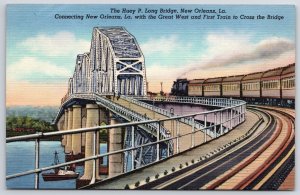 Vintage Postcard First Train to Cross Huey P. Long Bridge New Orleans Louisiana