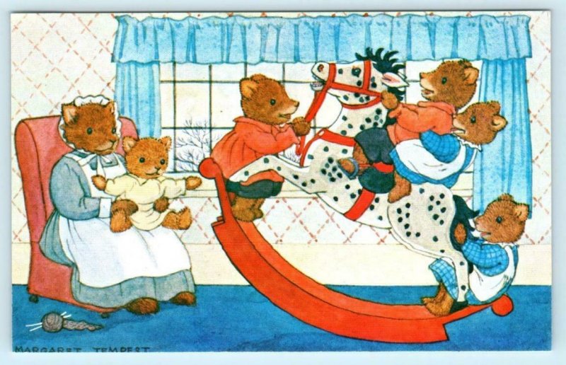 MARGARET TEMPEST Artist Signed THE ROCKING HORSE Dressed Bears Medici  Postcard