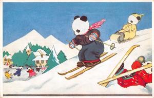 Dressed Panda Bear's Skiing Medici Society Antique Postcard (J26951) 