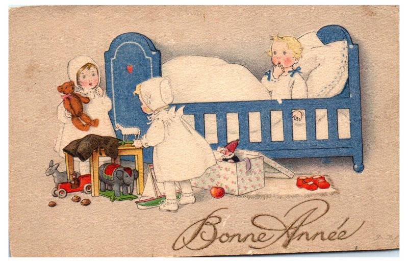 1910s Bonne Annee Happy Birthday Children with Teddy Bear Postcard