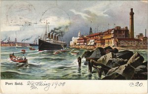 PC EGYPT, PORT SAID, PORT VIEW WITH BIG LINER, Vintage Postcard (b39338)