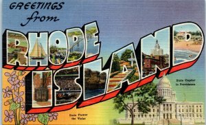 1940s Large Letter Greetings from Rhode Island Linen Postcard