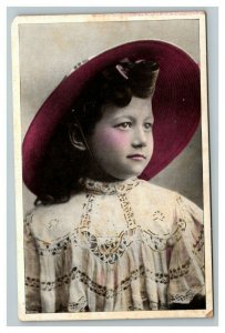 Vintage 1910's Colorized Photo Postcard Cute Girl Wide Brimmed Pink Hat